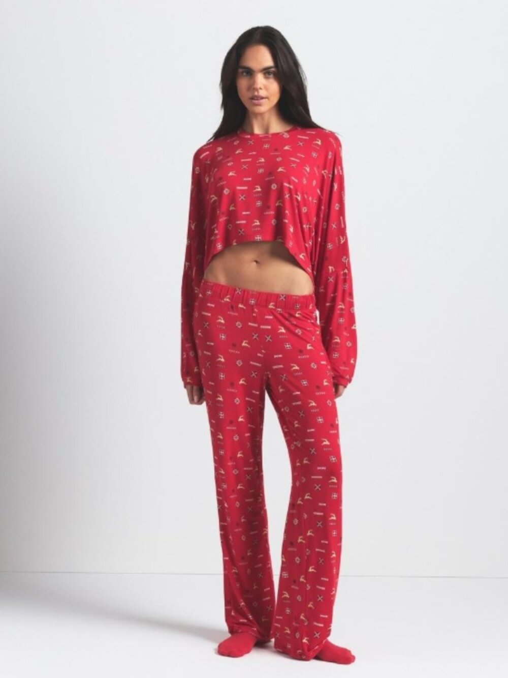 NEW SKIMS Sleep Cranberry Vintage Deer Print Lounge Pants Medium NWT